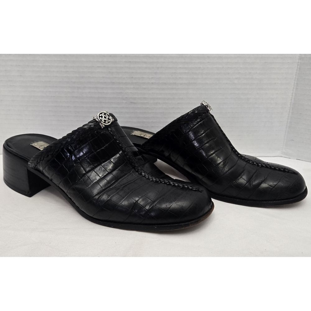 Vtg Brighton Faith Black Croc Embossed Leather Mule Slides 7.5M Silver Medallion